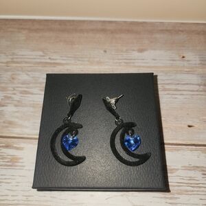 Black Velvet and Blue Gem Crescent Moon Earrings